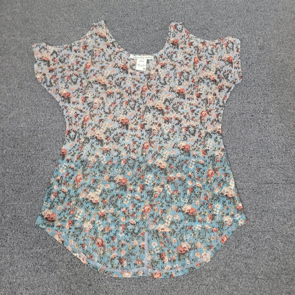 American Rag Size M Cold Shoulder Top Women Floral Mesh Ombre Blue Multi